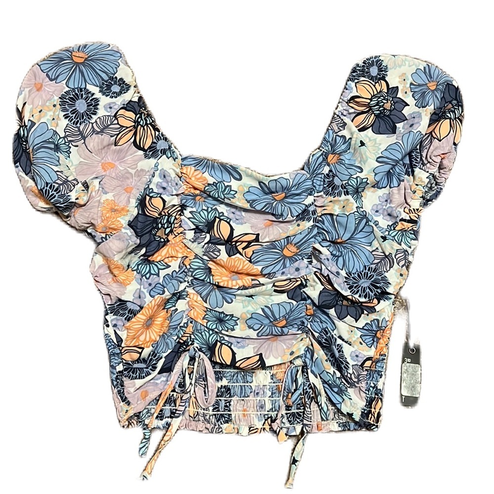 3RD + MALT Floral Print Crop Top, Tie in two places up front, Size Large